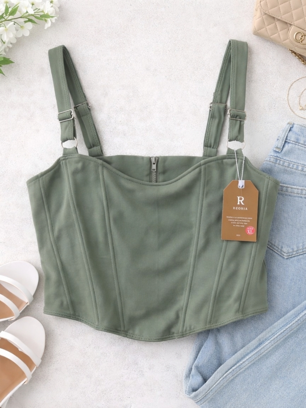 ReoRia Olive Green Structured Corset Crop Top with Adjustable Straps